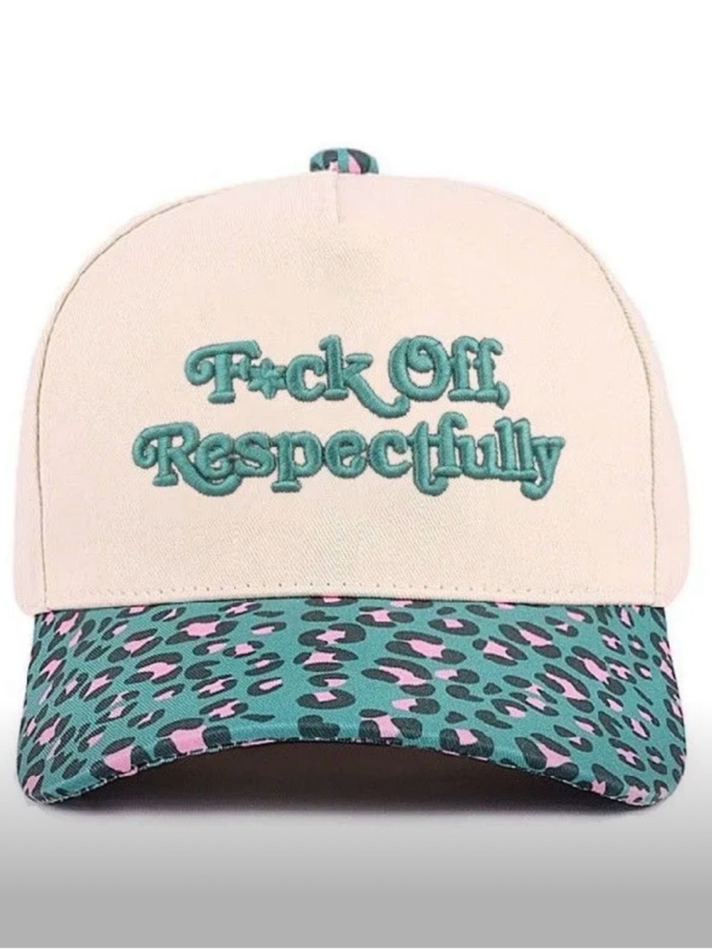 Zenana Outfitters Cream Cap with Teal Embroidery and Teal-Pink Leopard Brim
